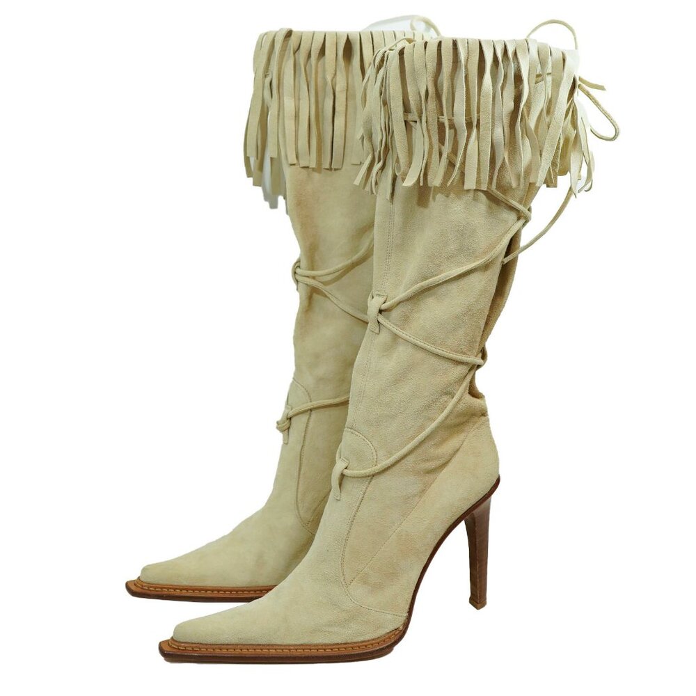 Chic Fringed Suede Heeled Boots - Cream